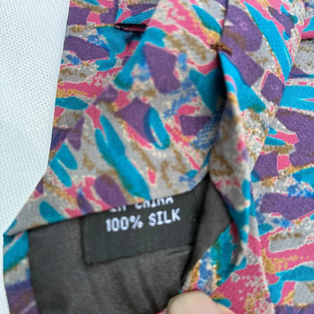 90s Men's Abstract Silk Necktie Handmade Camo Brushstroke Teal Magenta 9-HHH